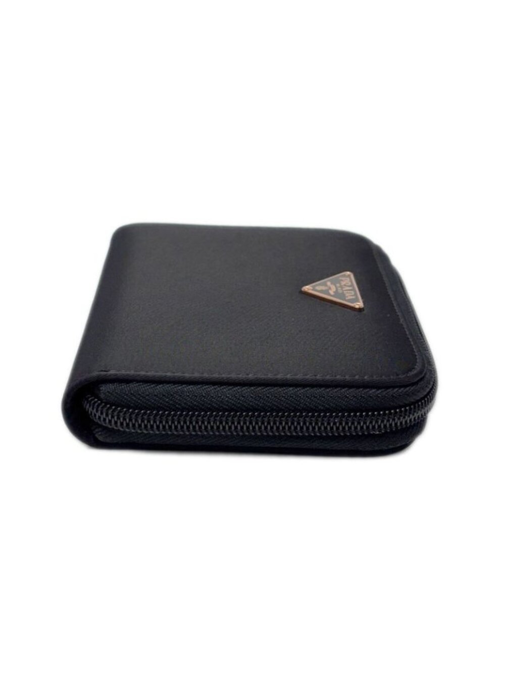 Prada Wallet Bifold Tessuto Nylon Leather Black Gold Zip Around - Picture 8 of 14